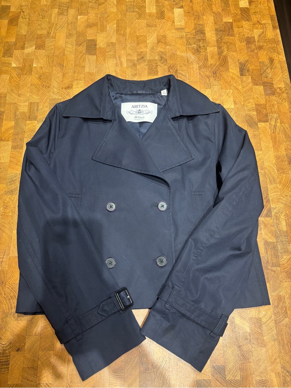 Aritzia Navy Double-Breasted Short Trench Coat